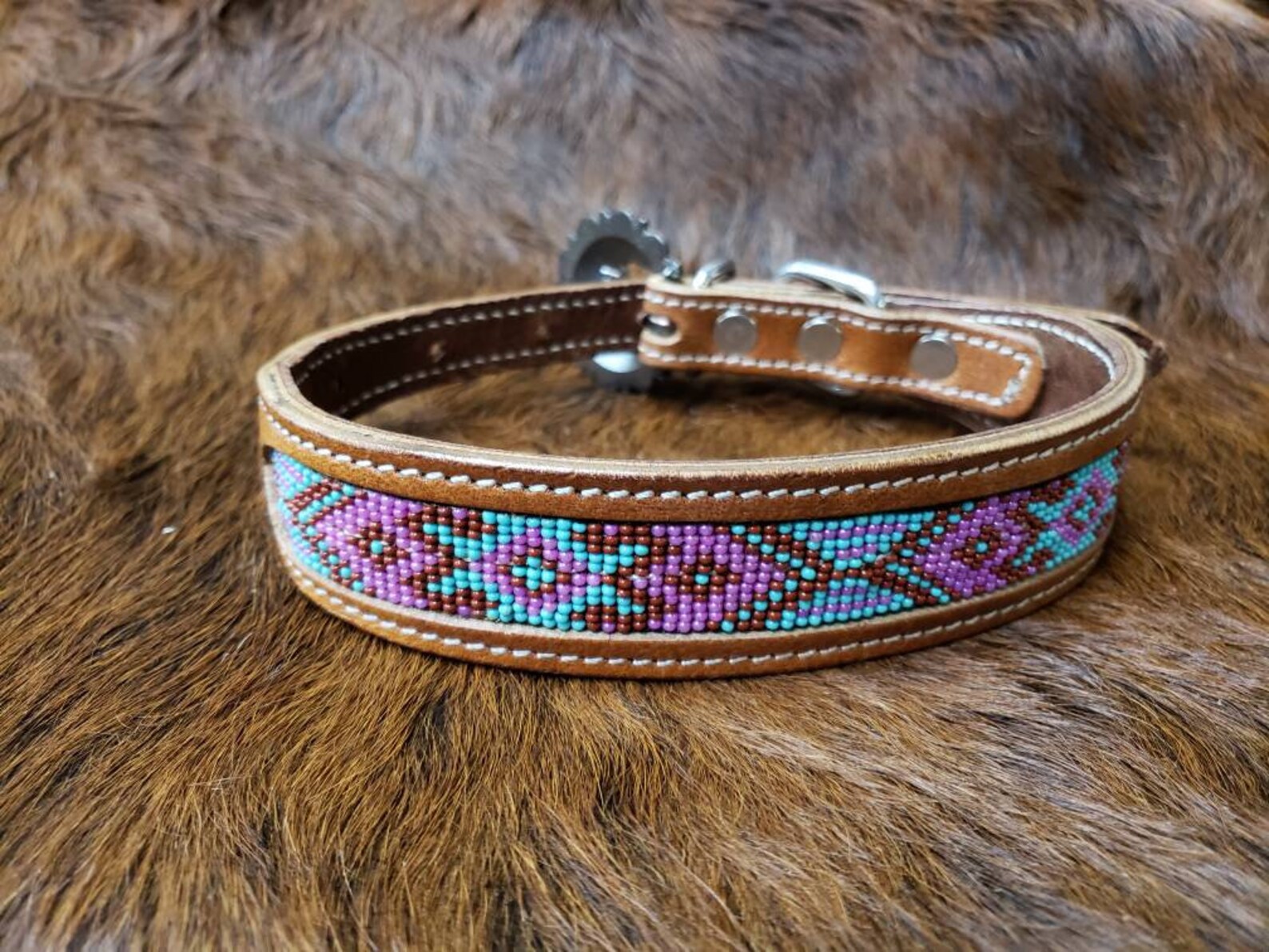 Leather Beaded Dog Collar Size Small Pink &mint 913 Inches Etsy