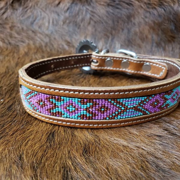 Leather beaded dog collar size small pink &mint 9-13 inches