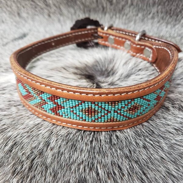 Leather beaded dog collar western design size medium