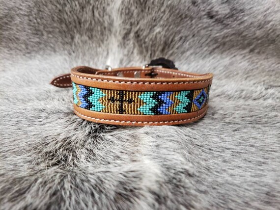 Leather beaded dog collar turquoise 