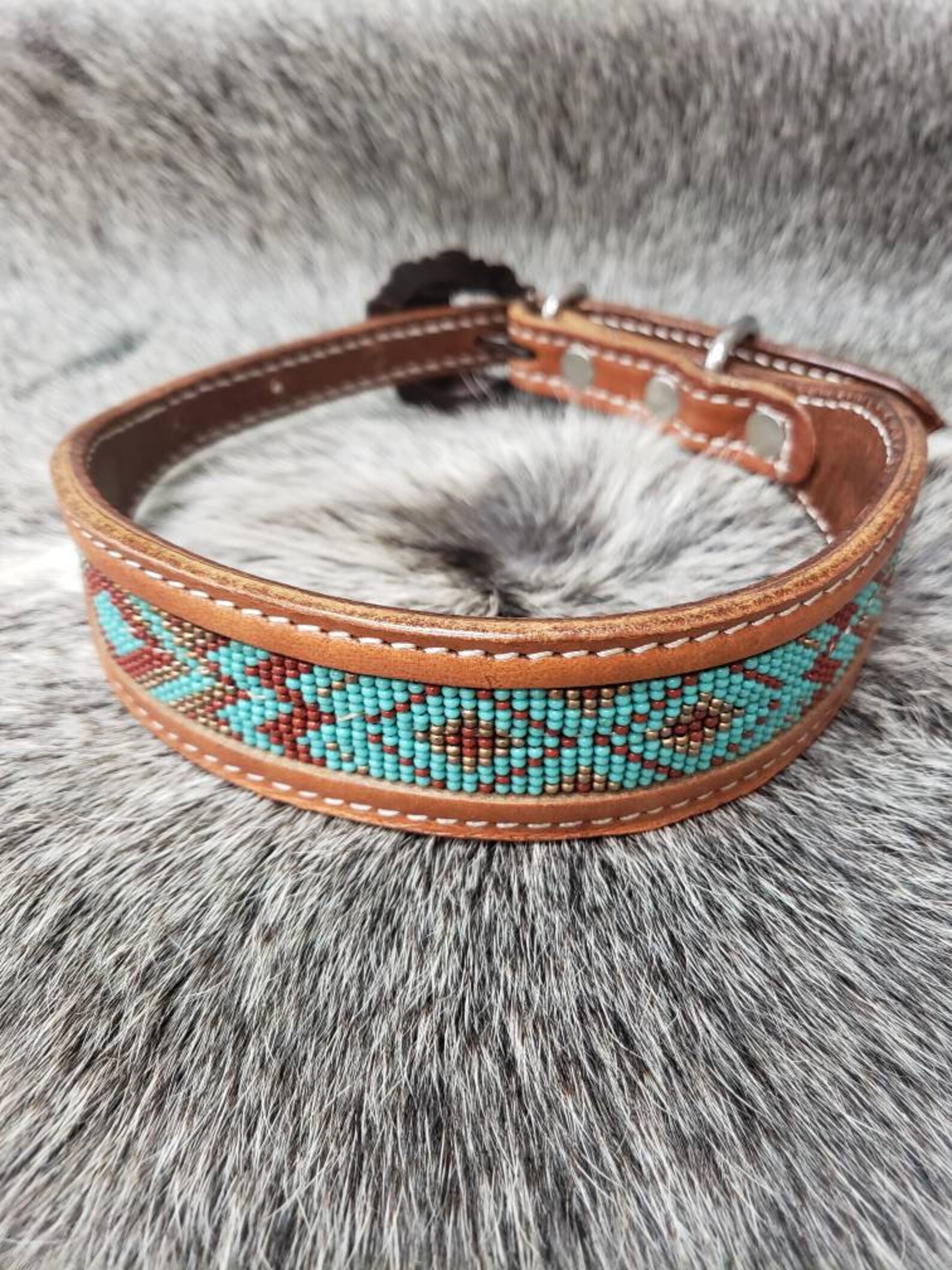 Leather beaded dog collar southwestern turquoise beads size Etsy