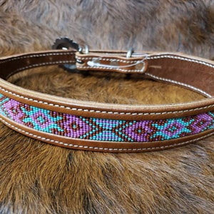 LEather beaded western dog collar size large 19-23  inches pink and mint