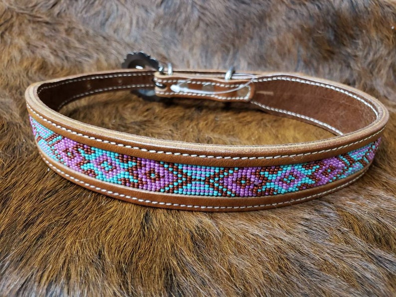 Leather Beaded Western Dog Collar Size Large 1923 Inches Pink Etsy