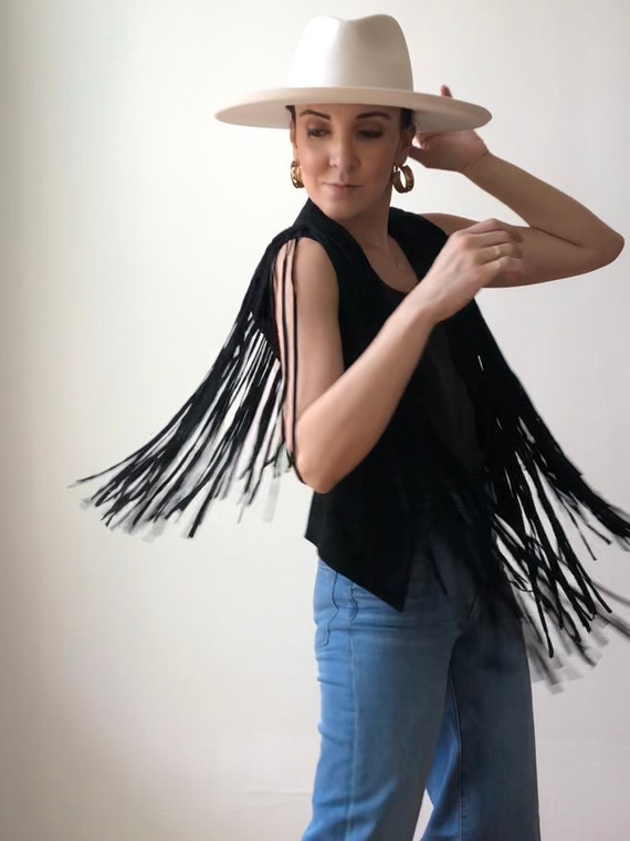 Vintage 70s Black Suede Fringe Vest