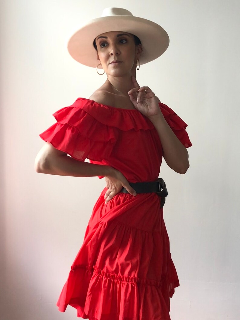 Skirt Set Vintage Red Cotton Ruffle Blouse