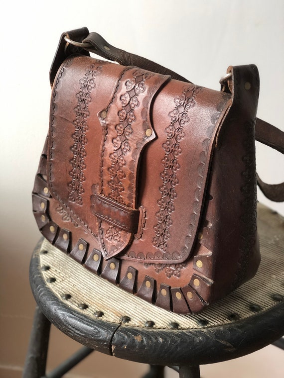 Vintage 1970's Leather Tooled Shoulder Bag