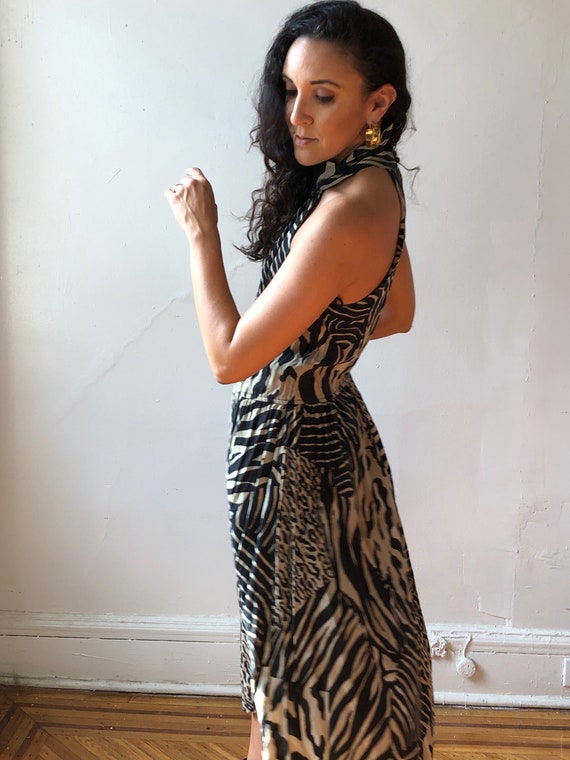 Vintage Zebra Print High-Neck Dress