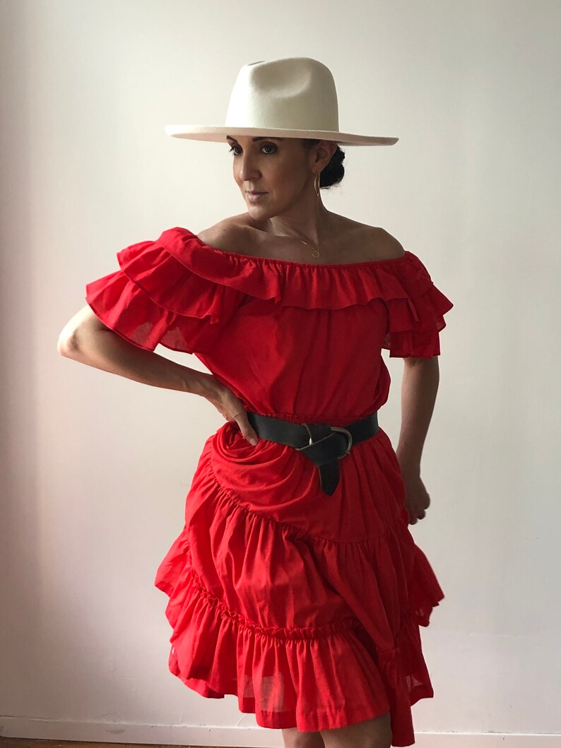 Skirt Set Vintage Red Cotton Ruffle Blouse