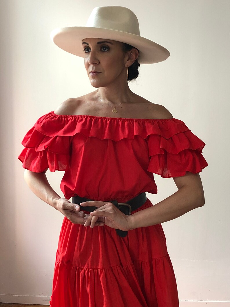 Skirt Set Vintage Red Cotton Ruffle Blouse