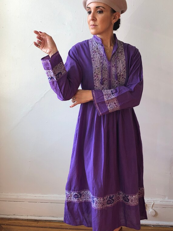 Vintage 70s Indian Cotton Dress | Purple Cotton In