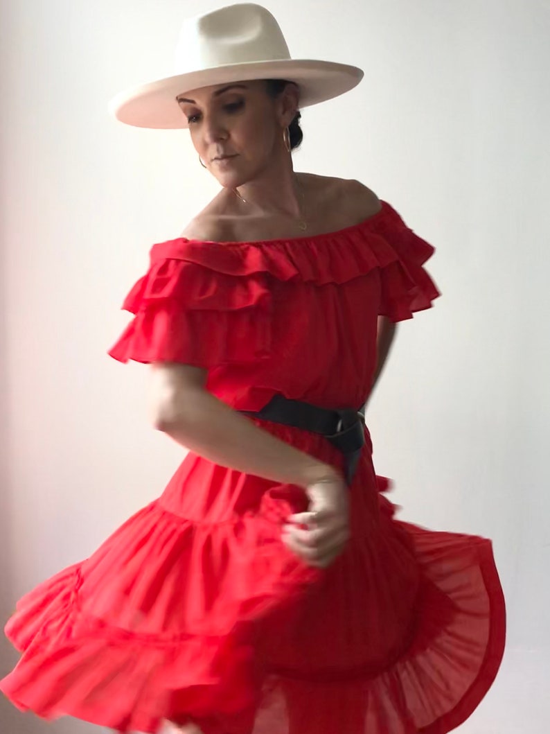 Skirt Set Vintage Red Cotton Ruffle Blouse