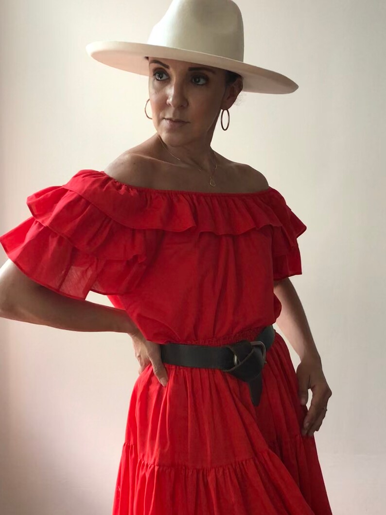 Skirt Set Vintage Red Cotton Ruffle Blouse