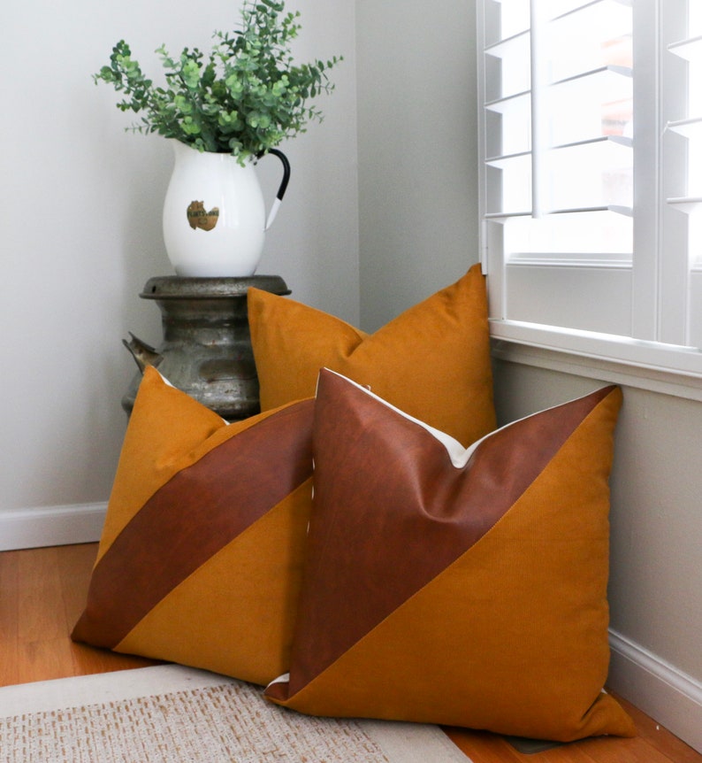 Faux Leather and Mustard Corduroy Pillow Cover Etsy
