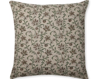 Floral Blockprint Pillow Cover | Block Print Throw Pillow | Linen Floral Pillow Cushion | Natural Linen Pillow | 20X20 | 22X22 | Forrest