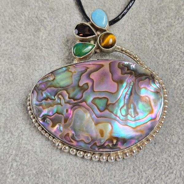 Beautiful Vintage Sterling Silver Pink Abalone, Smoky Quartz, Tiger's Eye, Green Agate and Blue Larimar Pendant Necklace