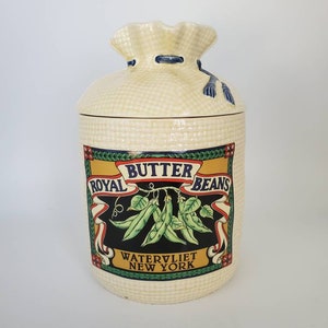 Vintage Hearth and Home Designs 1988 &quot;Royal Butter Beans Watervliet, New York&quot; Ceramic Kitchen Canister/Small Cookie Jar Made in Mexico