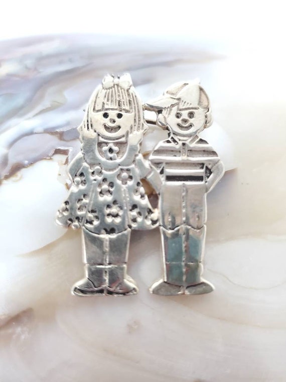 Vintage Sterling Silver Boy and Girl Brooch/Pin, … - image 3