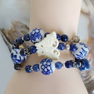 Vintage Sterling Silver Butterfly Lapis Lazuli and Ceramic Bead Coil Wrap Bracelet