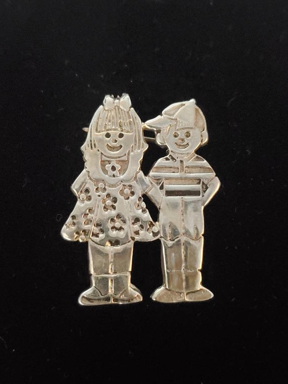 Vintage Sterling Silver Boy and Girl Brooch/Pin, … - image 1