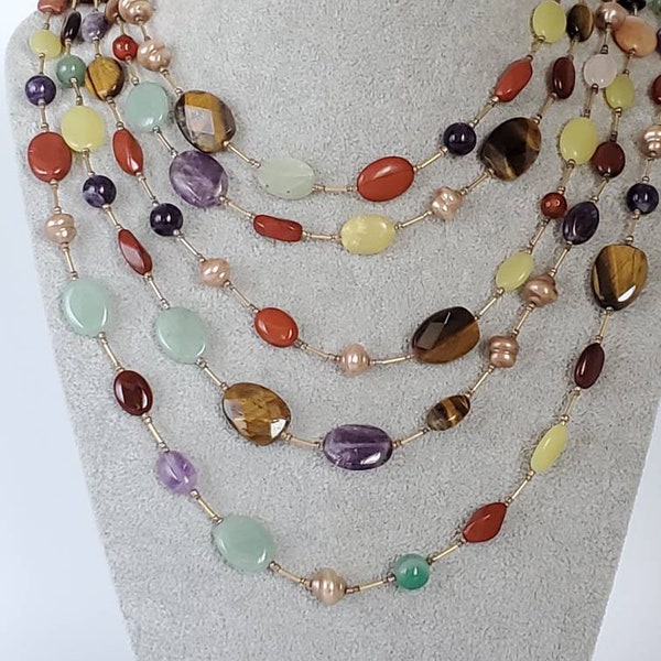 Statement Vintage Designer R. J. Graziano Multi Gemstone/Pearl Five Strand Goldtone Necklace