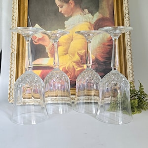 Vintage 1970&#39;s Set of Four (4) Longchamp &quot;Cristal d&#39;Arques&quot; 24% Genuine Lead Crystal Faceted Cut Long Stem Wine/Water Glasses Made in France