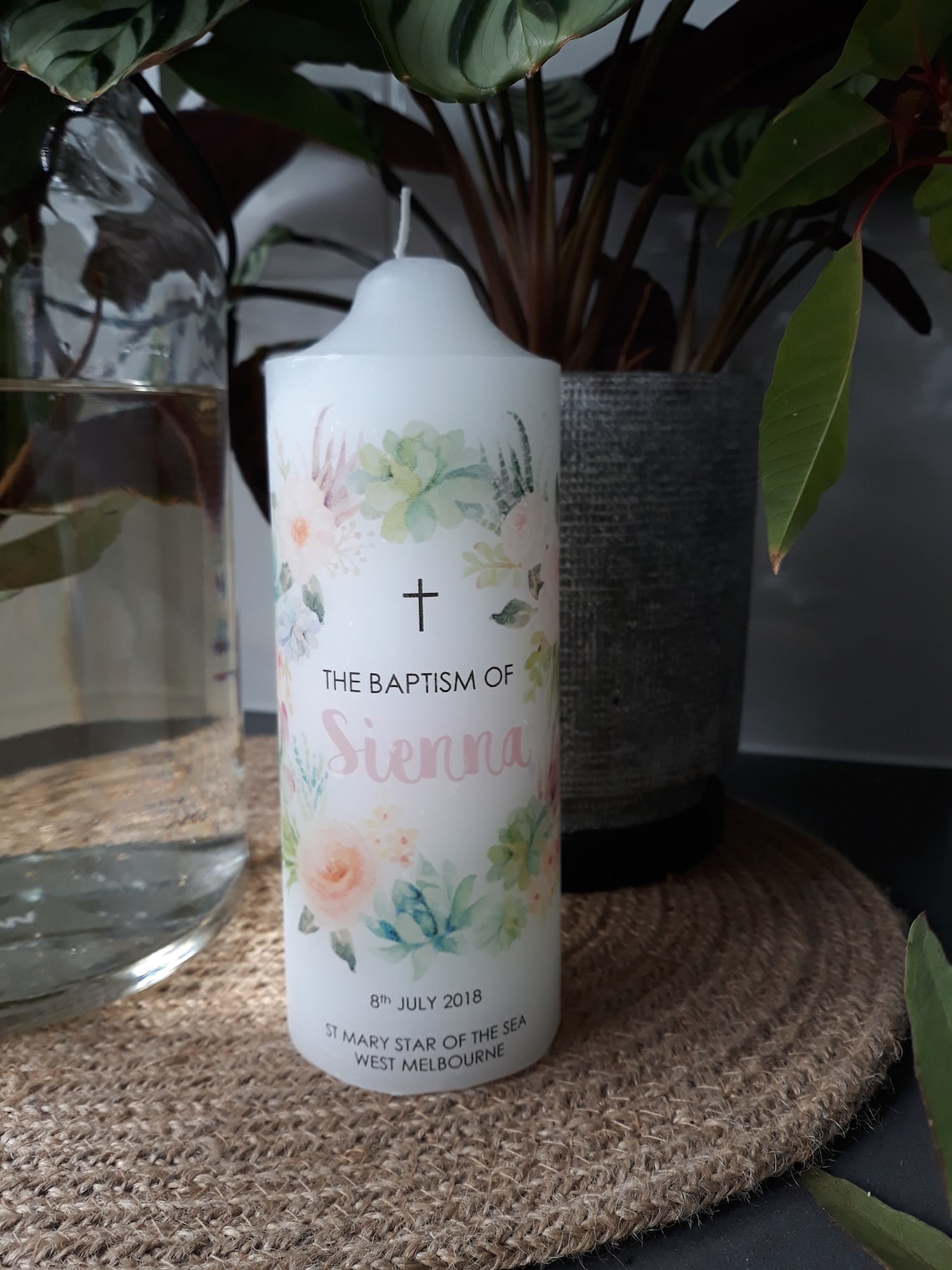 Personalised Baptism Christening Flowers and Succulents Wreath Candle