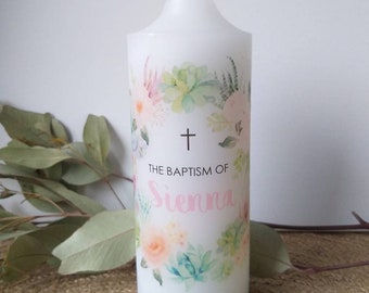 Personalised Baptism Christening Flowers and Succulents Wreath Candle Girl