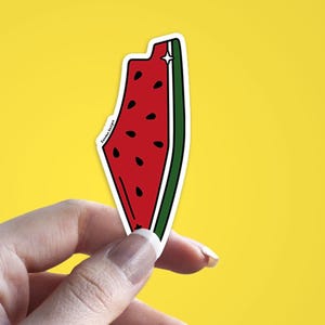 Könnte beinhalten: Ein Aufkleber mit einer Wassermelonen-Scheibe mit rotem Inneren, schwarzen Samen und grüner Schale. Der Aufkleber hat einen weißen Rand und ein kleines Sternendetail. Der Hintergrund ist einfarbig gelb.