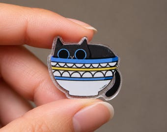 Cat in a Palestinian Bowl Pin | Acrylic | Free Palestine | Palestinian owned | for bags, clothes, hats, lanyards Christmas Eid Gift