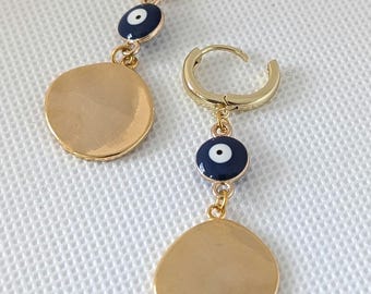 18K Gold Plated Evil Eye Hoop Dangle Earring | protection Nazar | Coin gift for mom woman earrings valentine girlfriend wife partner