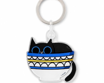Cat in a Palestinian Ceramic Bowl – Blue Pattern Art Keychain / Cute Middle Eastern Gift Christmas Stocking Stuffers