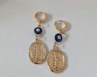 18K Gold Plated Evil Eye Hoop Dangle Earring | protection Nazar | Coin gift for mom woman earrings valentine girlfriend wife partner