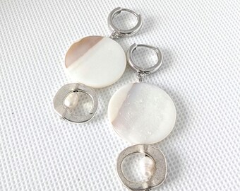 Silver Plated Earring with freshwater pearl and natural shell accents | gift for mom woman earrings valentine girlfriend wife partner