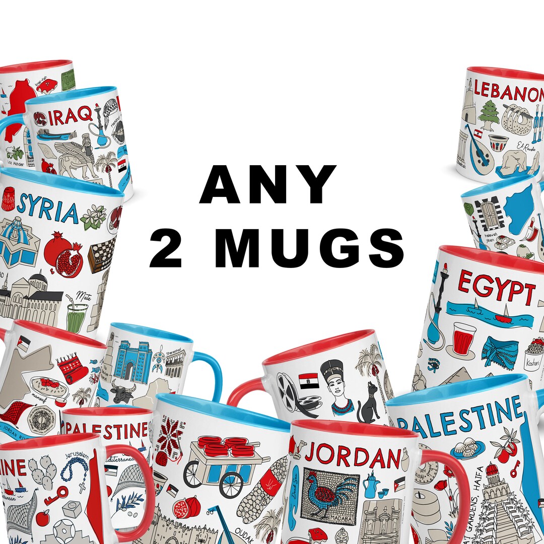 Custom TWO Country Mugs Pack / 11 Oz Cups / Palestine Jordan Lebanon Syria Egypt Iraq Arabic