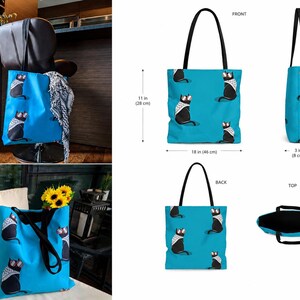 May include: A bright blue tote bag featuring a repeating pattern of black cats wearing white and black patterned scarves and sunglasses. The bag has black handles and measures 11 inches high, 18 inches wide, and 3 inches deep as shown in the diagram.