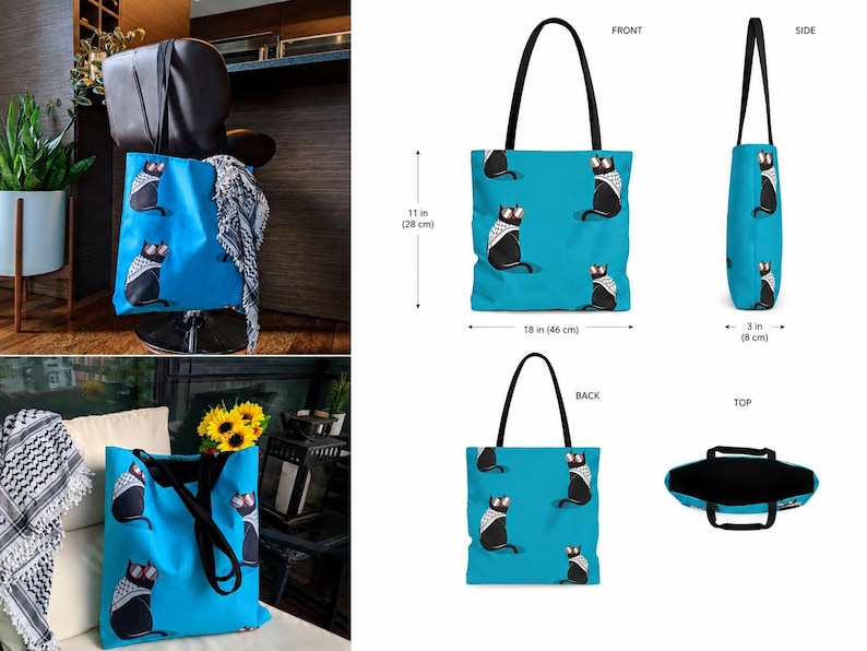 May include: A bright blue tote bag featuring a repeating pattern of black cats wearing white and black patterned scarves and sunglasses. The bag has black handles and measures 11 inches high, 18 inches wide, and 3 inches deep as shown in the diagram.