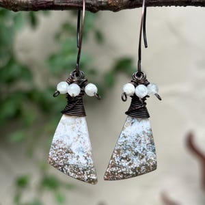 Indonesian Java Ocean Jasper Gemstones and Silverite Gem Earrings, Oxidized Copper, Earthy Boho Style.