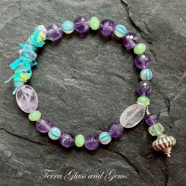 Fabric Bead and Amethyst Beaded Bracelet, Czech Glass, Hill Tribe Silver, Stretch Bracelet, Gift Idea.