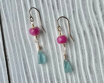 Pink Ruby and Aqua Kyanite Earrings, Gold Filled Earrings, Handmade Dangles, Dainty, Delicate, Gemstone Earrings, Gift for Mom.