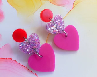 Handmade cluster resin heart earrings, red pink and glitter, hypoallergenic surgical steel post