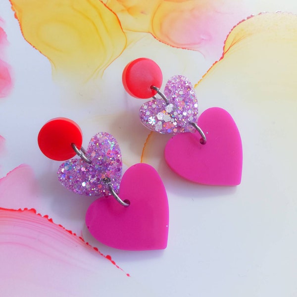 Handmade cluster resin heart earrings, red pink and glitter, hypoallergenic surgical steel post