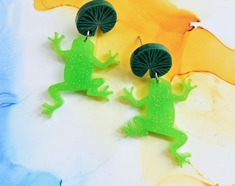 Handmade dangle green frog resin earrings and lilypad studs, spring earrings