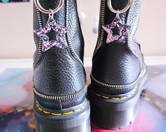Handmade black and pink glitter cut out stars resin boot charms