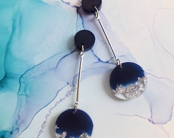 Handmade blue and silver circle drop resin earrings, modern earrings