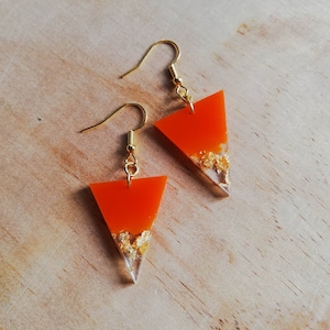 Handmade Orange Resin Earrings: Gold Leaf Triangle Dangle