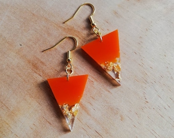 Handmade Triangle resin orange and gold leaf earrings, dangle, drop, gold plated, 60s 70s inspired