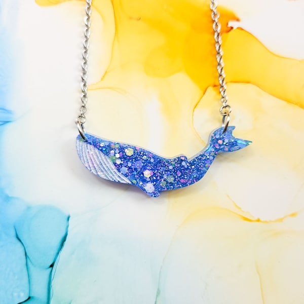Handmade blue and glitter whale resin pendant necklace on stainless steel chain