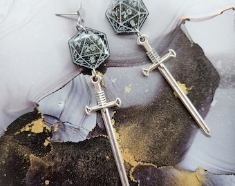 Handmade resin dice D20 earrings with sword charm