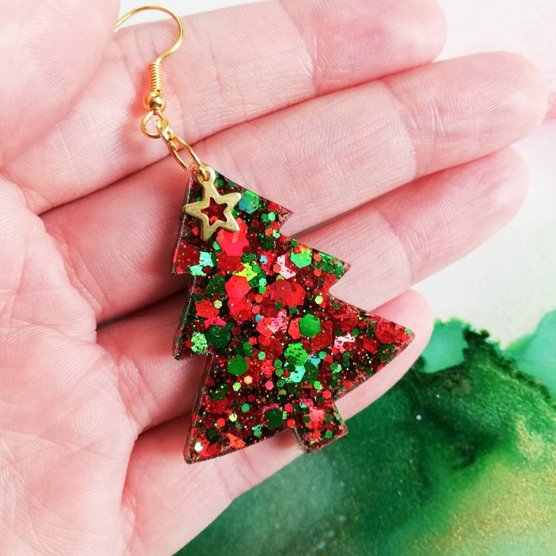 Handmade Christmas Tree Glitter Resin Drop Resin Earrings - Etsy