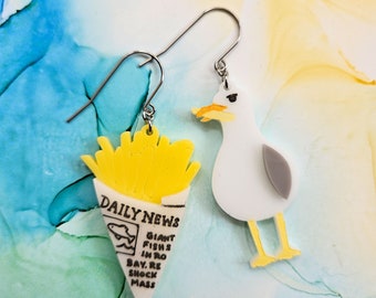 Handmade seagull and chips resin earrings, mismatched earrings